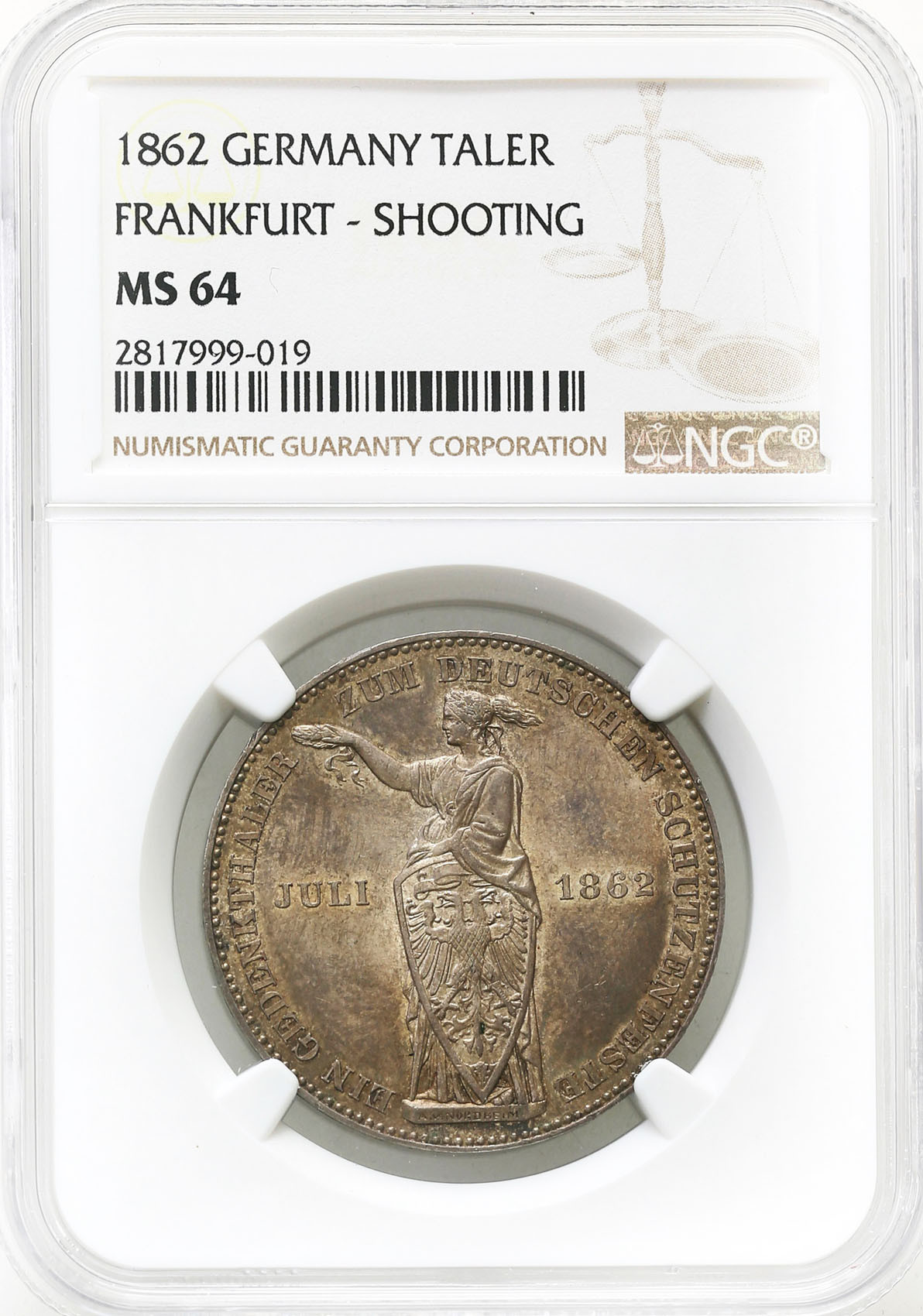 Niemcy. Talar 1862, Frankfurt NGC MS62 - PIĘKNY